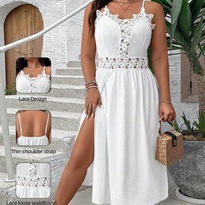 White Casual Women's Plus Size Lace Side Slit Hem Maxi Elegant Strap Dress